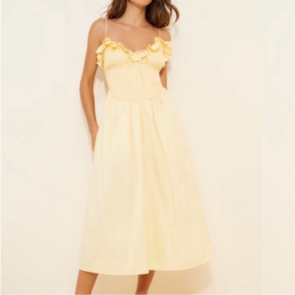 For Love & Lemons Yellow Ruffle-Trim Midi Dress